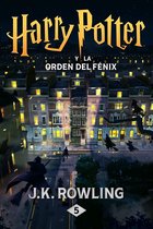 Boekcover van Harry Potter en de Orde van de Feniks, met de titel bovenaan en J.K. Rowling onderaan. Een straat met huizen bij nacht, met figuren op bezems die overvliegen.