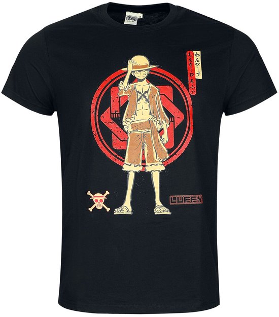 Zwart One Piece t-shirt met opdruk van Monkey D. Luffy, met Japanse tekens en doodskop-logo.