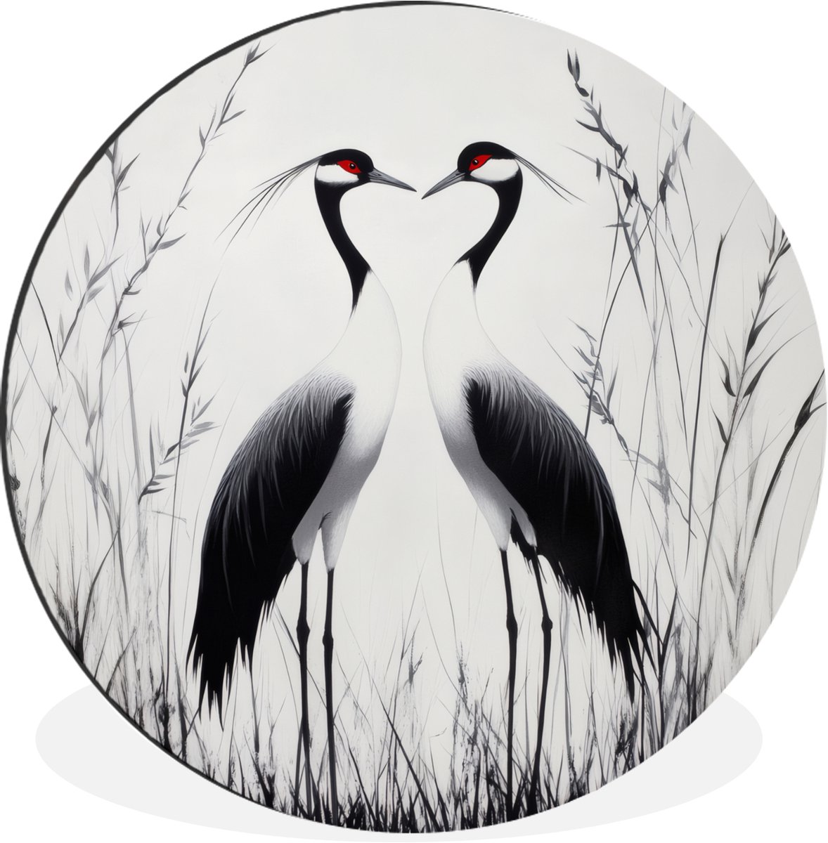 WallCircle Wandcirkel - Muurcirkel - Kraanvogels - Gras - Hartvorm - Zwart - Aluminium - Dibond - 90x90 cm - Binnen en Buiten