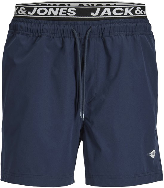 Short de bain bleu marine avec ceinture élastique marquée "JACK & JONES" et cordon gris.