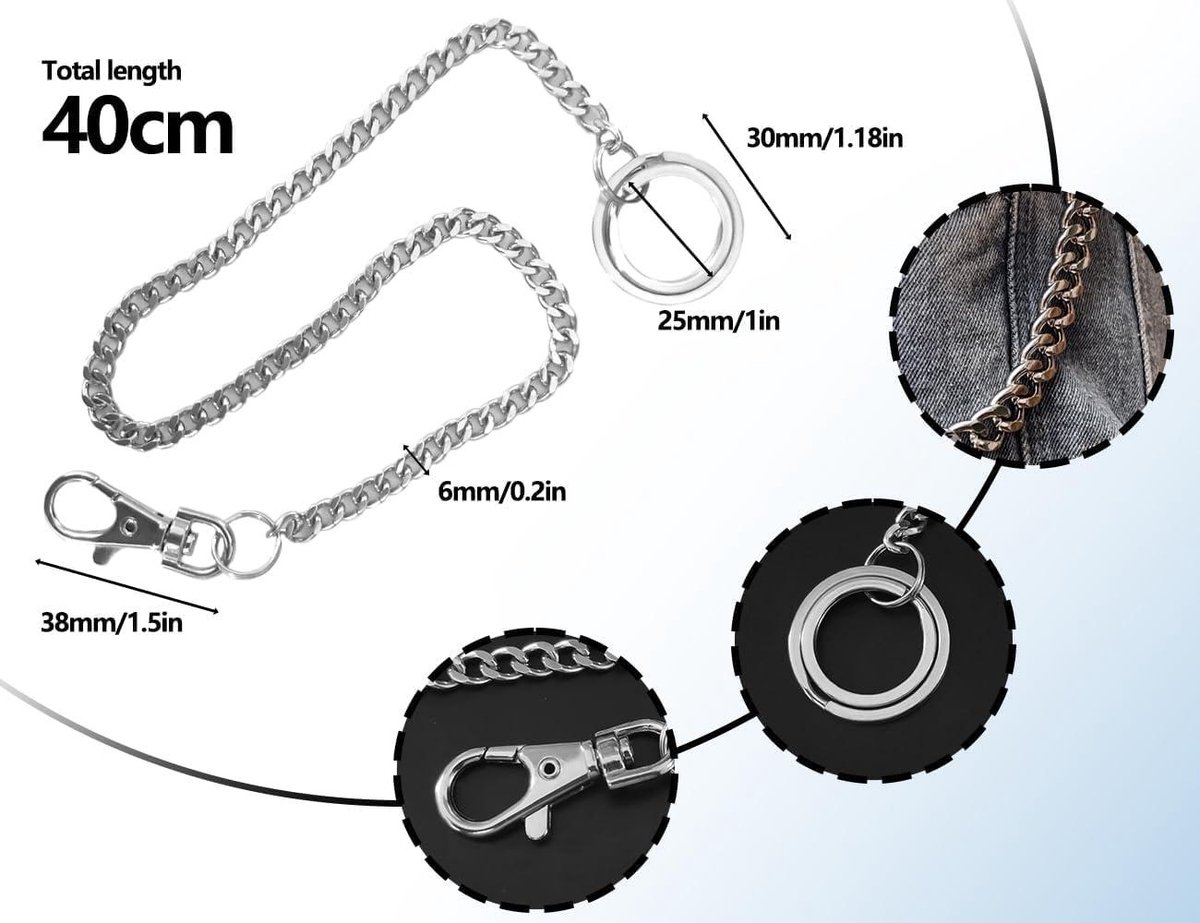 Portemonneeketting Roestvrij Stalen Sleutelhanger Met Karabijnhaak Lange Broekketting Punk-Sleutelhanger Voor Motorrijders Vrachtwagenchauffeurs 40 cm