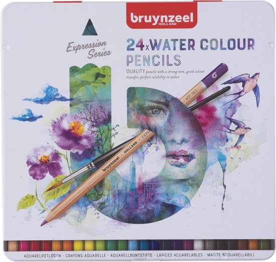 Boîte fermée de crayons aquarelle Bruynzeel Expression avec une image de visage de femme et de fleurs.