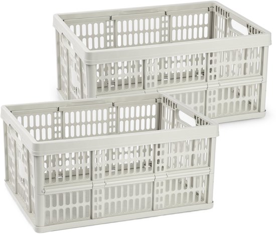 Twee beige opvouwbare kratten, één voor en één achter, beide half geopend.
