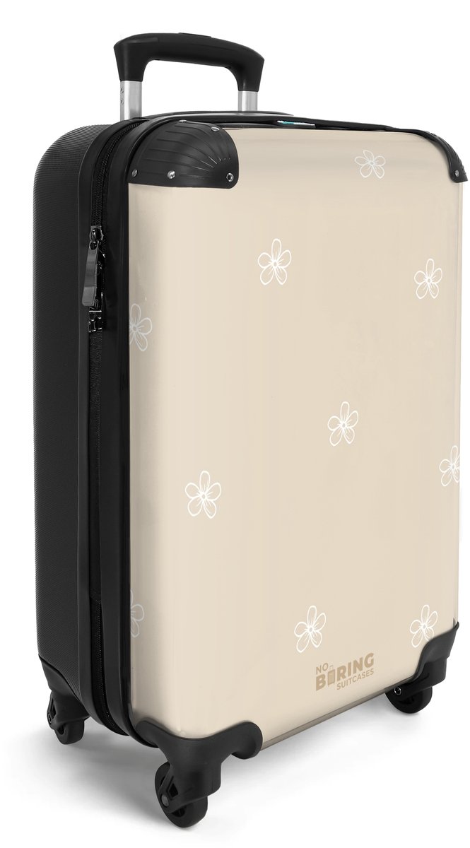 NoBoringSuitcases.com® - Handbagage koffer lichtgewicht - Reiskoffer trolley voor vrouwen - Beige met witte bloemetjes - Rolkoffer met wieltjes - Travel suitcase cabin - Reistrolley met TSA slot - Past binnen 55x40x20 en 55x35x25 - Kleine valiezen