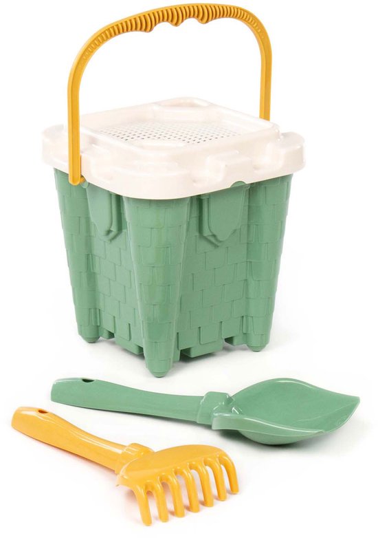 Groene emmer met beige deksel en gele handgreep, met een groene schep en gele hark.