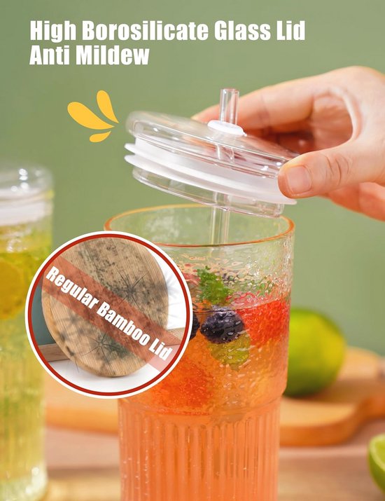 ALINK 24oz geribbelde glazen beker met deksel en rietje, 2-pack glazen beker met handvat, herbruikbare ijskoffiebekers, Mason Jar Boba Smoothie beker met brede hals, drinkglazen ALINK 24oz geribbelde glazen beker met deksel en rietje, 2-pack glazen beker met handvat, herbruikbare ijskoffiebekers, Mason Jar Boba Smoothie beker met brede hals, drinkglazen