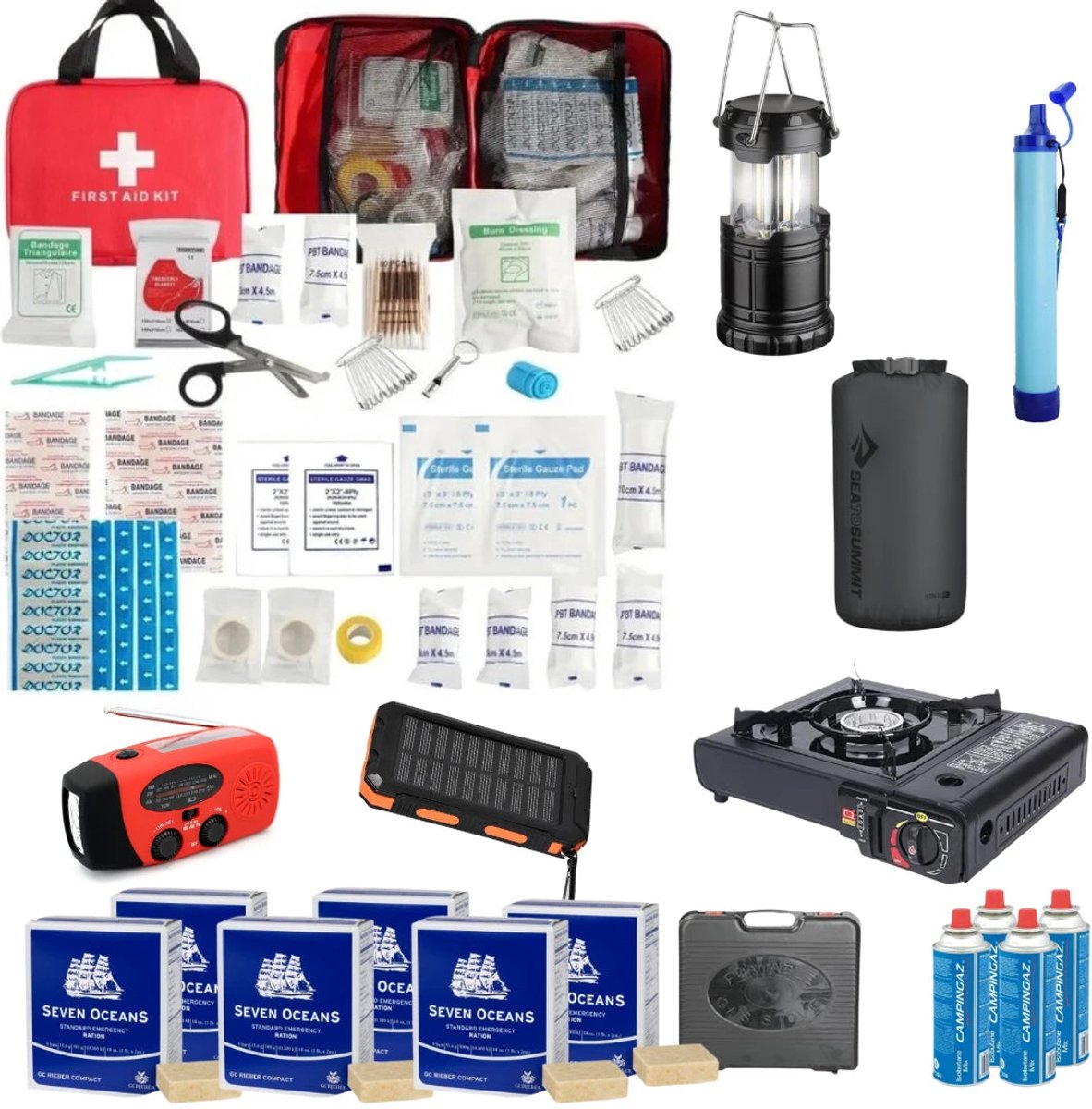 Noodpakket voor 72 Uur op advies Overheid Compleet - Waterfilter - Opbergzak - Solar Powerbank - Gasfornuis - Nood Radio - EHBO-kit - Isolatiedeken