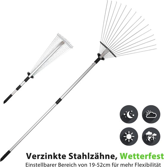 Telescopische tuinhark, 19-52 cm, verstelbare harkop, 82-160 cm, telescoopsteel, bladbezem met 15 tanden, bladhark met steel voor het reinigen van planten, gazon en erf — afbeelding 5