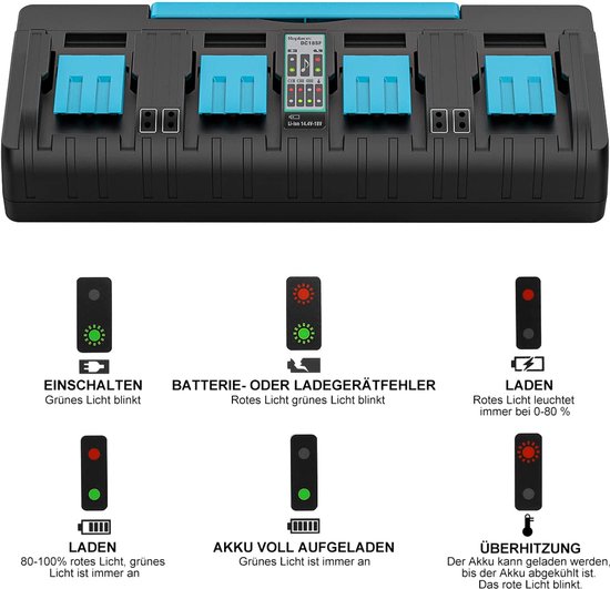 Geschikt voor 14,4V-18V 4-poorts lader vervanging voor Makita DC18SF vier-poorts lader compatibel met Makita BL1850 BL1850B BL1860B BL1845 BL1840B BL1840 BL1830B serie 18V accu's van Merkloos	 — afbeelding 5
