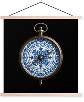Posterhanger incl. Poster 60x60 cm - Schoolplaat - Kompas - Delfts blauw - Zwart - Textielposter - Blanke latten