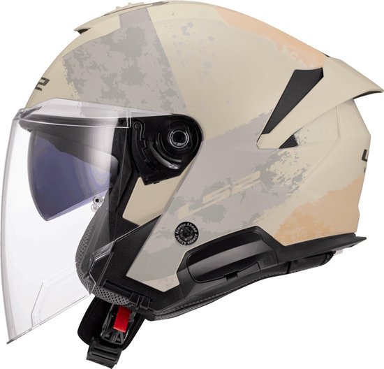 Casque jet LS2 beige avec motif éclaboussures de peinture gris et orange. Avec visière transparente et jugulaire.