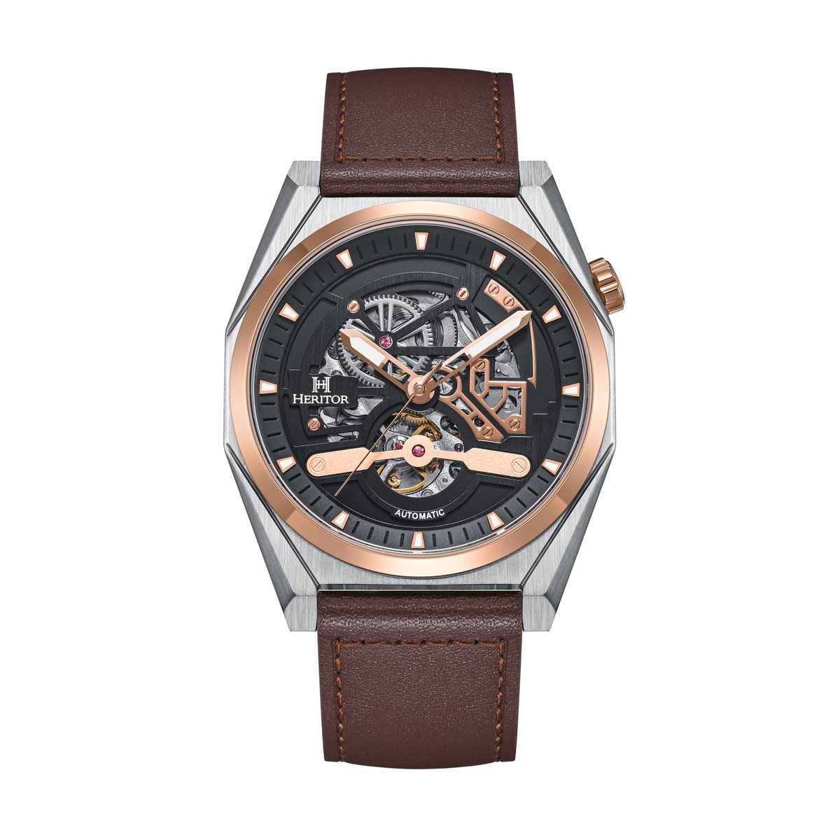 Heritor Automatic Amadeus Semi-Skelet leren band horloge - Roségoud-Bruin