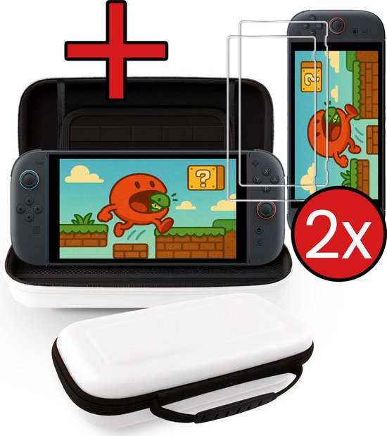 Witte Switch-hoes geopend met Switch erin. Een tweede Switch staat ernaast, met twee screenprotectors. Tekst: '2x'.