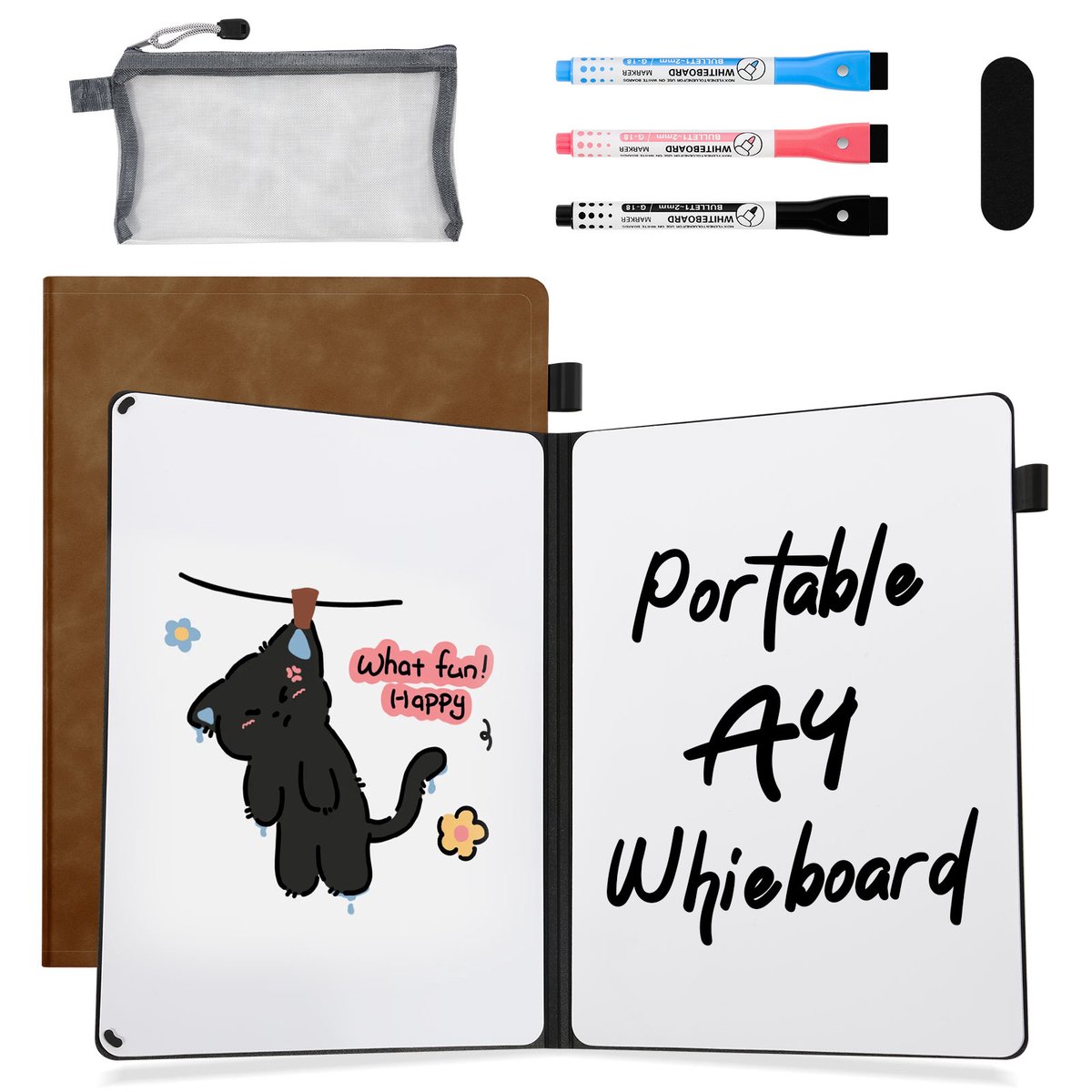 AGM Uitwisbaar notitieboek - Whiteboard notitieblok - A4 - Incl. 3 Pen en 1 Etui - Bruin-PU