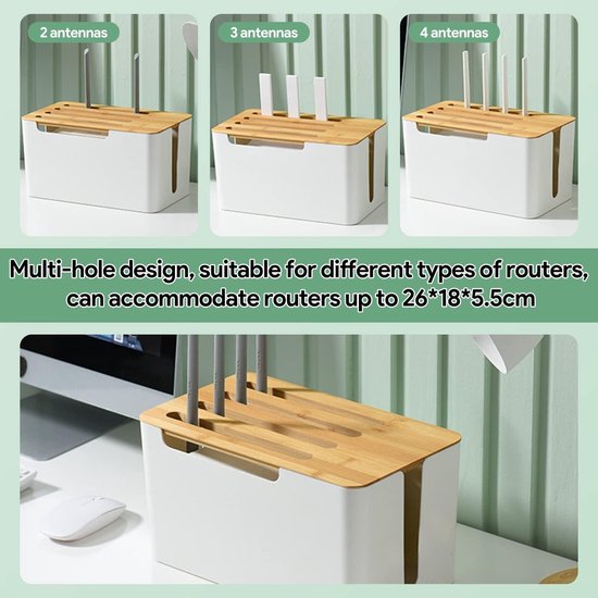 Buachois Kabelmanagementbox met houten deksel en plank, 31 x 18 x 16,5 cm, kunststof, wit, grote kabelopbergdoos voor het verbergen van tv, computer