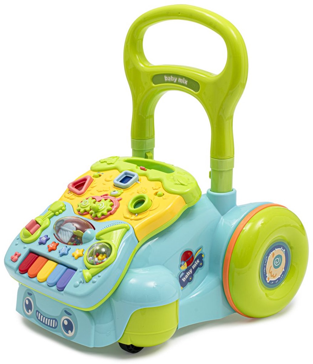 Baby Mix - Loopauto - Speelloopwagen blauw kunststof met educatief paneel - Loopwagen - Peuterspeelgoed - Motoriek - Balanceerfles - Loopauto