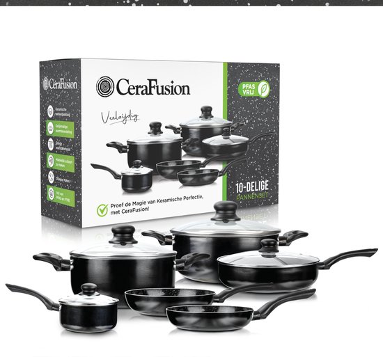 CeraFusion Ensemble de poêles en céramique 10 pièces - Set avec Poêles à frire, casseroles, faitouts - Casseroles et poêles à induction - Batteries de cuisine en aluminium - Zwart