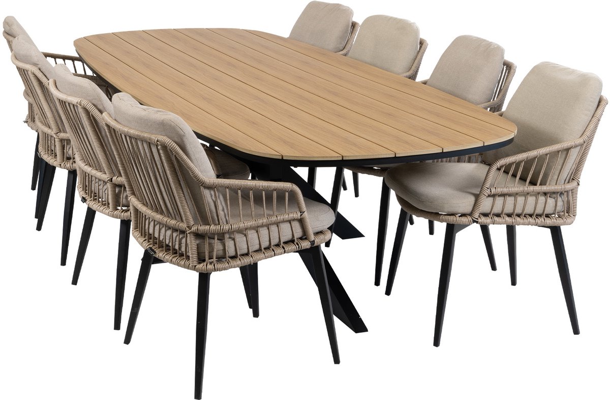 9-delige tuinset | 8 Isabel tuinstoelen (Sand) | Tuintafel Cadiz 280x115cm (Black)