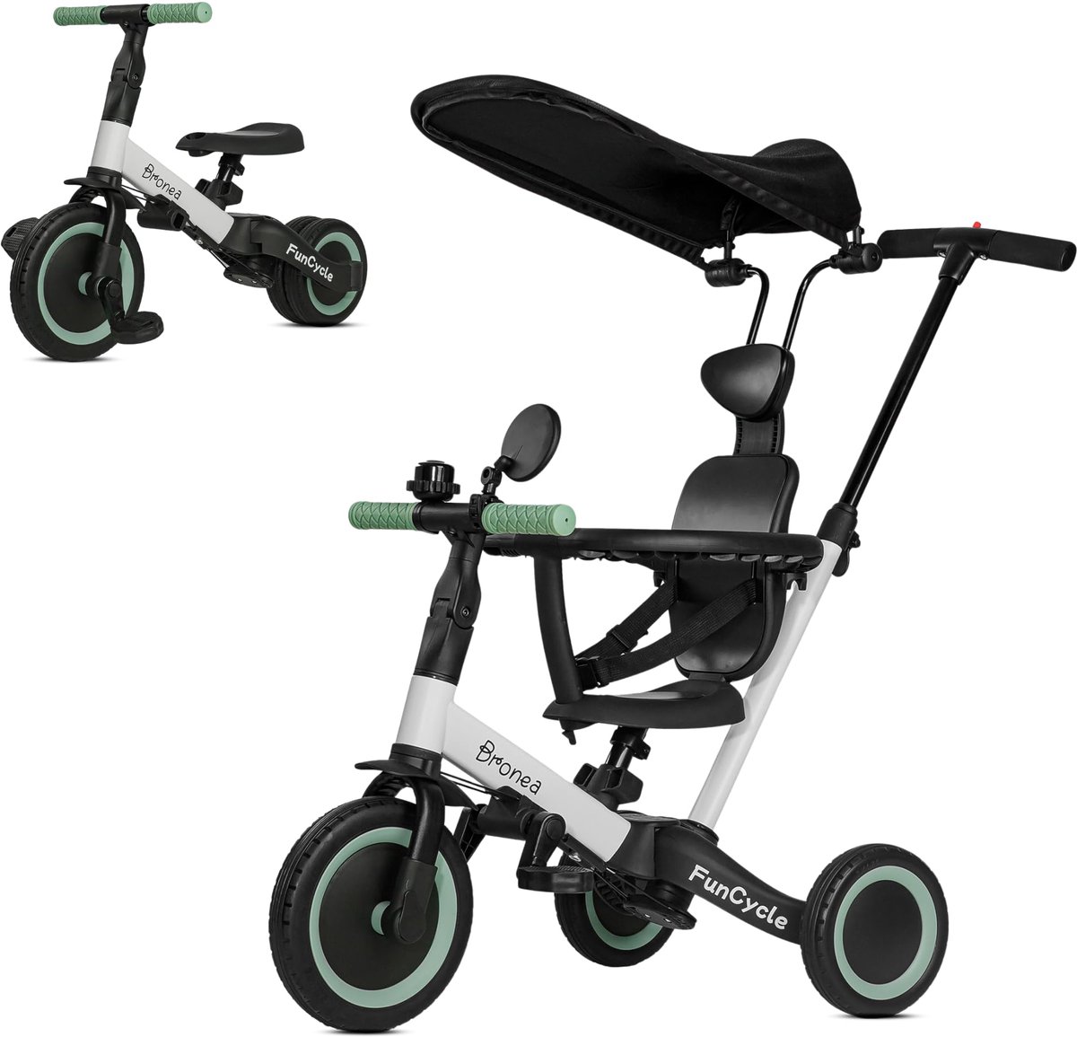 BRONEA Tricycle 5-en-1 Évolutif – De 1 An à Vélo D’Exercice – Barre De Poussée – Ceinture, Toit, Porte-Boisson, Miroir, Sonnette