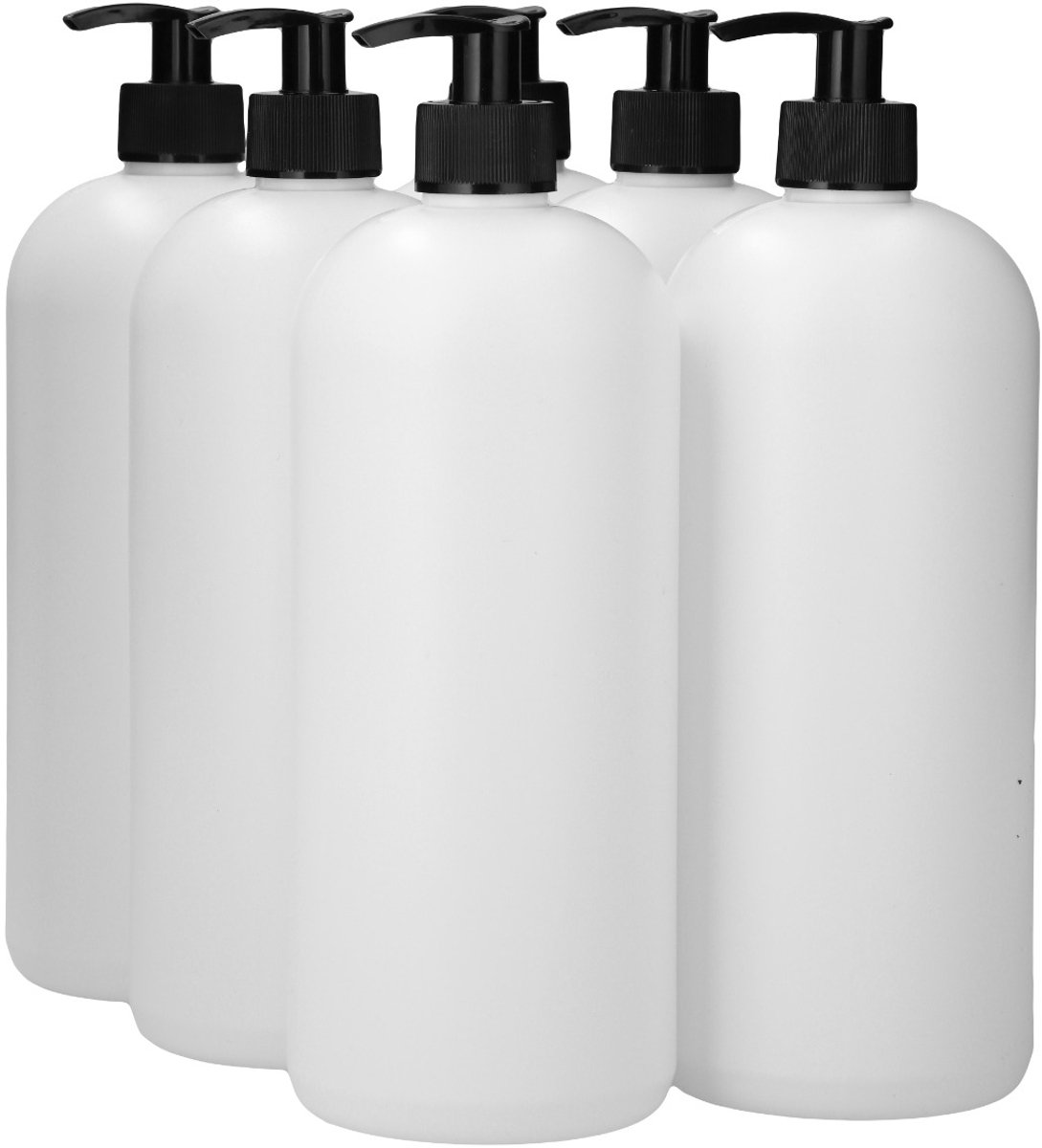 6 x 1000 ml ronde fles HDPE wit + Zeepfles Dispenserpomp zwart - BPA Vrij - Niet Breekbaar - Plastic Flesjes Navulbaar - Met Dop - Lege Flessen - 6 stuks.