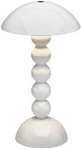 Lampe de table blanche avec abat-jour bombé, tige de cinq sphères et base ronde, allumée.
