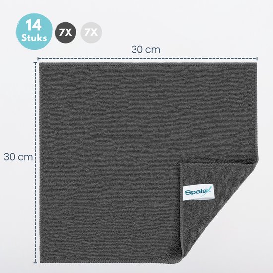 Un chiffon en microfibre gris foncé de 30x30 cm, avec étiquette Spalax et dimensions.