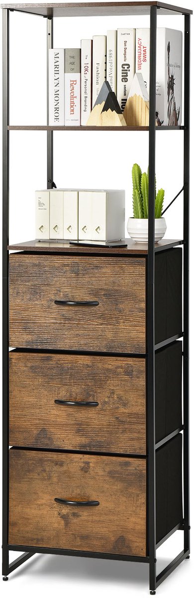COSTWAY Industriële boekenplank, staande plank met 3 laden & 3 open planken, houten opbergkast met metalen frame, kantoorplank ladekast voor woonkamer, studeerkamer 43x39x156cm
