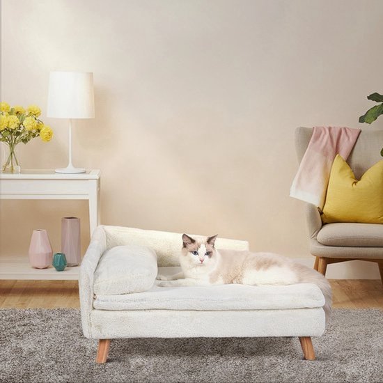 BingoPaw Kattenbankstoelbed - Verhoogd Scandinavisch Huisdierkrukbed Met Afneembare Waterdichte Mat Verhoogde Pluche Bont Hondenpotenbank Met Houten Poten Frame Dia 40cm