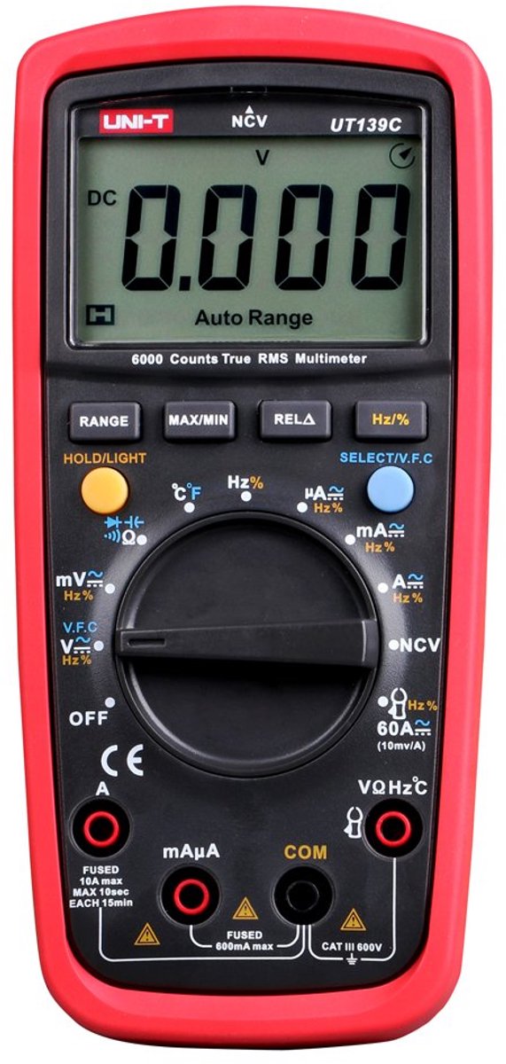 Digitale Multimeter CAT III 600V - True RMS met Frequentie, NCV, Weerstand, Spanning, Temperatuurmeting - Rood/Grijs