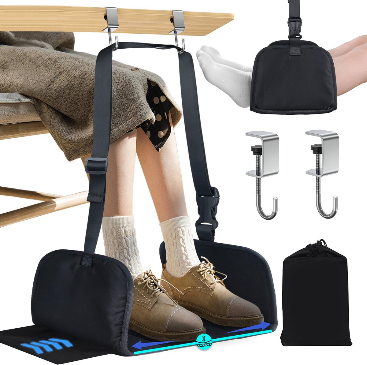 Unyqoos ® Verstelbare Voetenhangmat voor Reizen en Kantoor met Geheugenschuim voor Ultiem Comfort zwart