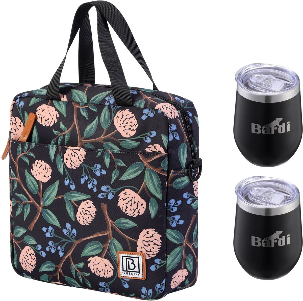 Brisby Koeltas 7L Passion Flower + 2 Brisby Thermosbekers Zwart – Complete Lunch-set voor Onderweg!