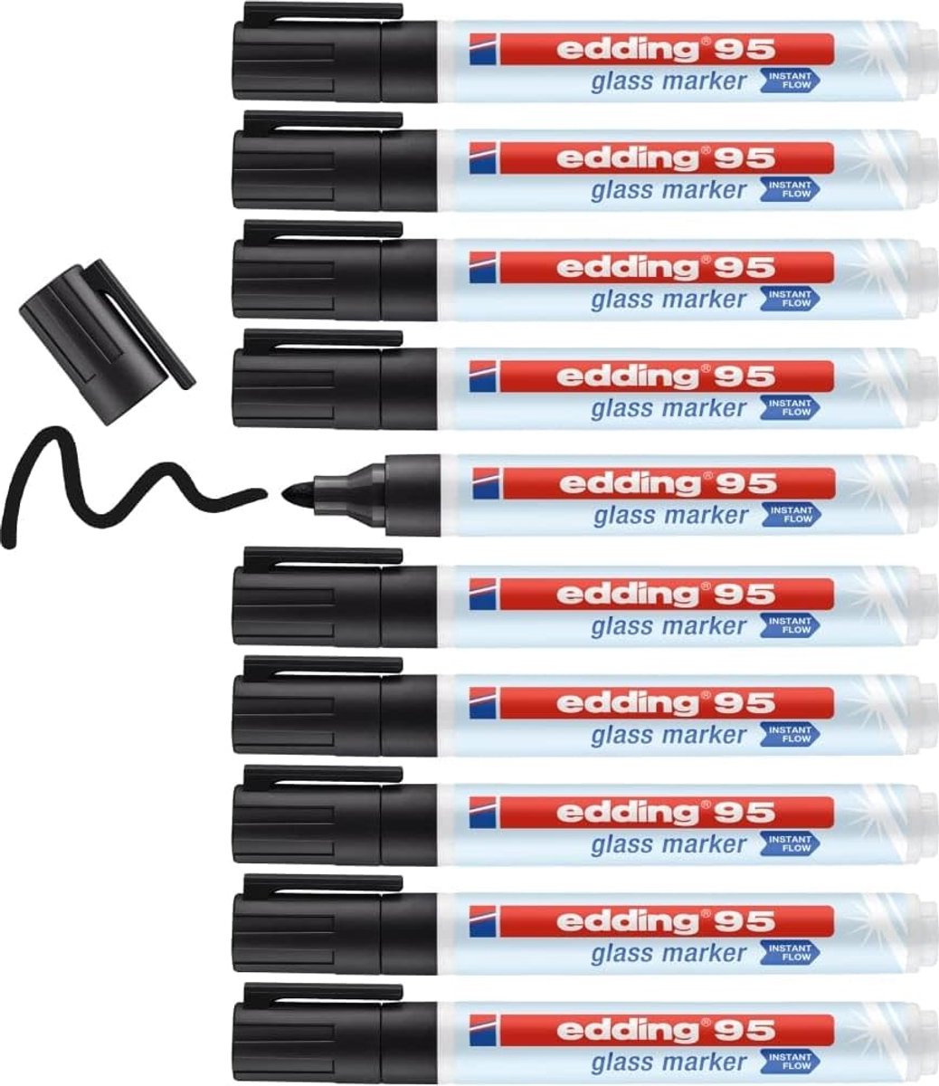 Glasmarker 10 Stuks - Zwart - Ronde Punt 1,5-3 mm - Uitwisbaar voor Glazen Oppervlakken