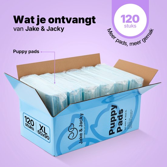 Boîte ouverte de 120 tapis d'apprentissage pour chiots bleus XL Jake & Jacky, taille 60x90 cm.