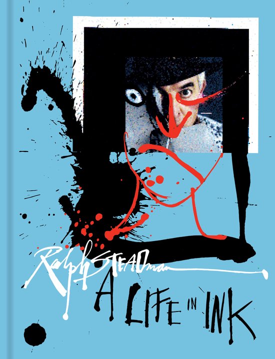 Couverture de livre avec un collage de Ralph Steadman, éclaboussures d'encre noires et rouges et le titre 'A LIFE IN INK'.