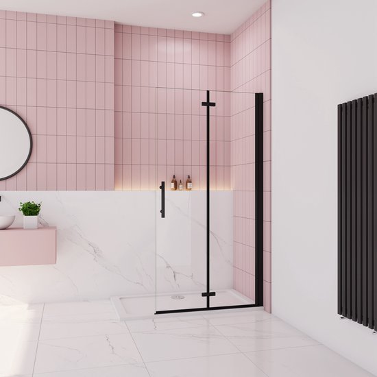 Douchewand-Inloopdouche 105x185cm 2 delig inklapbaar douchedeur 6mm NANO EasyClean veiligheidsglas mat zwart profiel