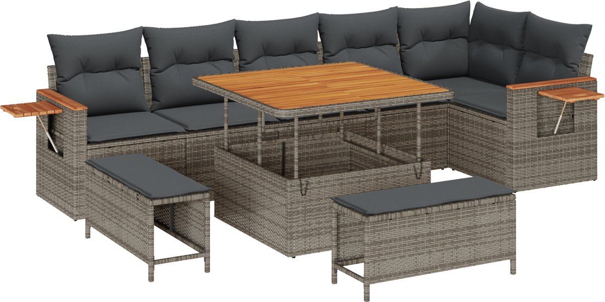 vidaXL - Tuinbank - Set - met - kussen - 11 - pcs - Grijs - poly - rattan