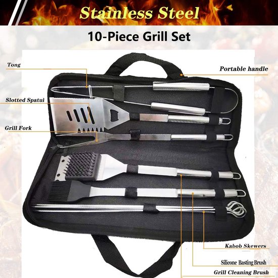 Famanu 10 stuks roestvrijstalen grillbestekset, professionele grillbesteksets in draagtas, BBQ grillgereedschap, grillset, gereedschap voor mannen en vrouwen, camping, tuin van Famanu — afbeelding 3