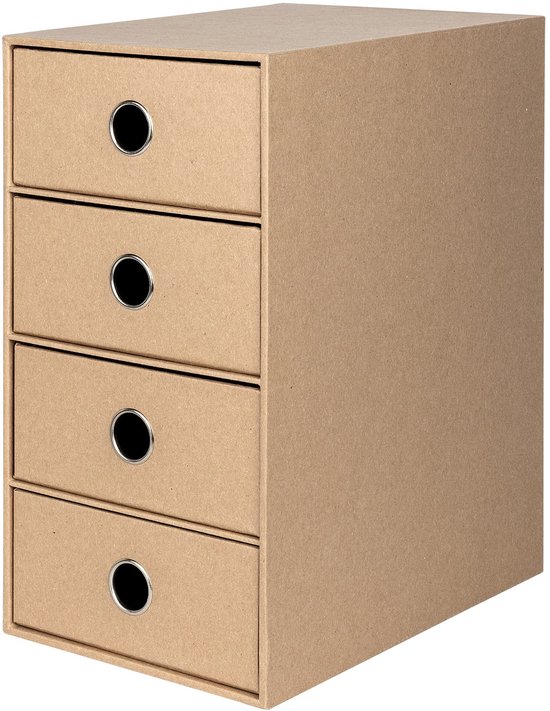 Een bruine kartonnen opbergbox met vier lades en zilverkleurige ronde handgrepen.