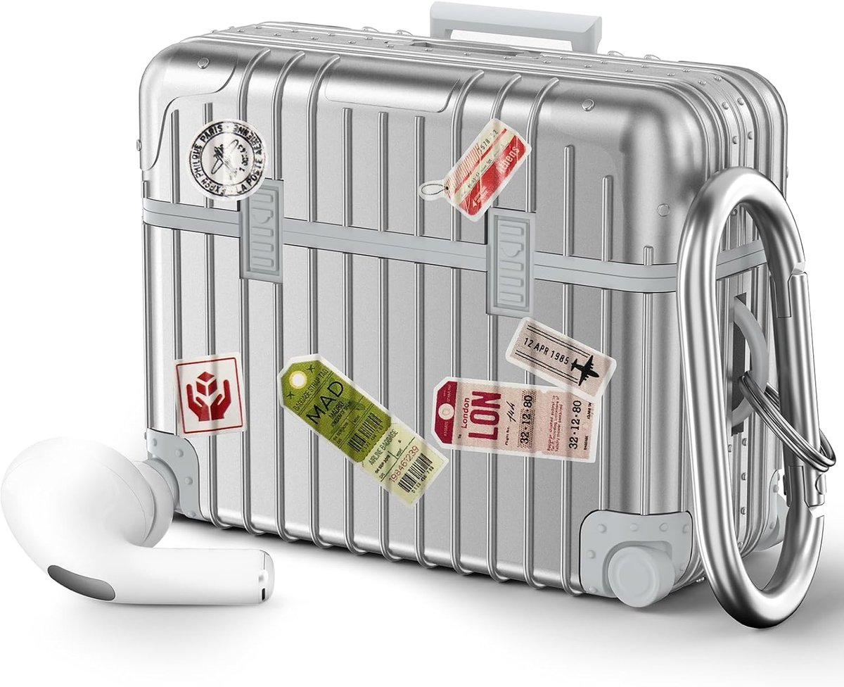 Casemania Koffer Hoesje Geschikt voor Apple AirPods Pro & Pro 2 - Zilver - Schokbestendig – Case Inclusief DIY Stickers & Karabijnhaak
