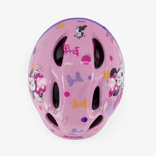 Roze fietshelm van bovenaf gezien, met Minnie Mouse, strikken en cirkels. Logo Minnie.