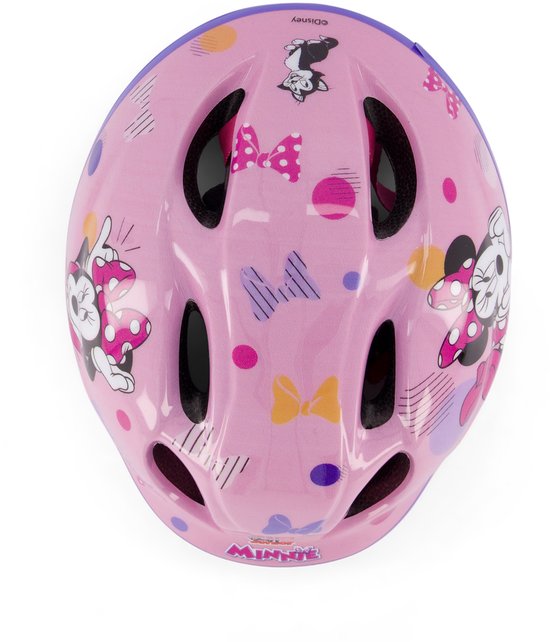 Roze fietshelm van bovenaf gezien, met Minnie Mouse, strikken en cirkels. Logo Minnie.