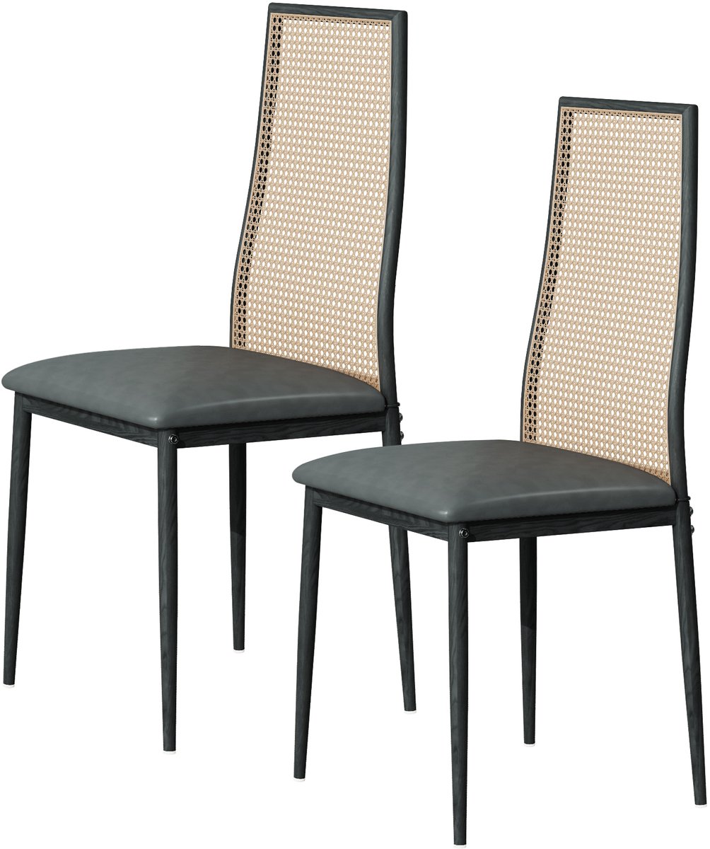 Set van 2 eetkamerstoelen met hoge rugleuning, rieten stoelen met beklede zitting, metalen frame, canage stoel voor woonkamer, keuken, eetkamer, zwart
