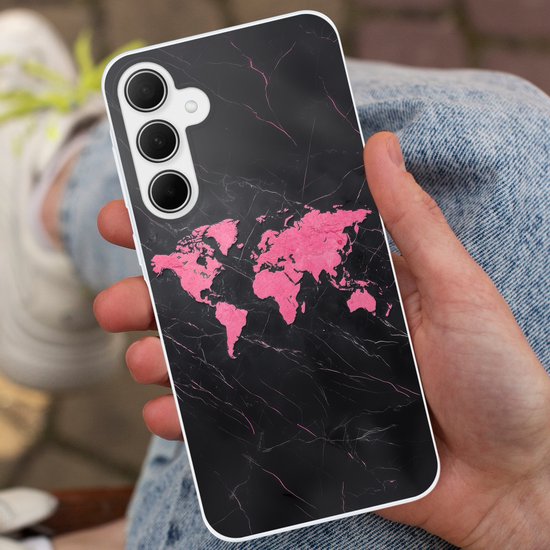 Coque de téléphone compatible avec Samsung Galaxy A36 - Wereldkaart - Rose - Imprimé marbre - Siliconen Coque de téléphone Coque de téléphone