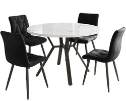 Merax Eetkamerset 5-delig - Ronde Eettafel Ø100 cm Wit Marmerlook - Zwart Stalen Onderstel - 4 Eetkamerstoelen Zwart Suède - Modern Design