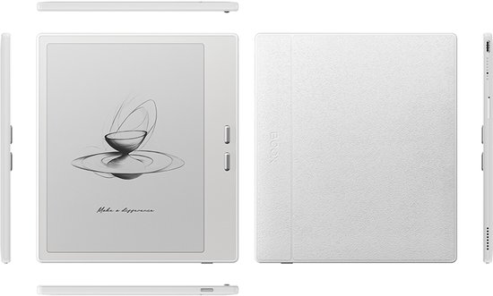 Witte e-reader met witte schrijfomslag, vanuit verschillende hoeken.