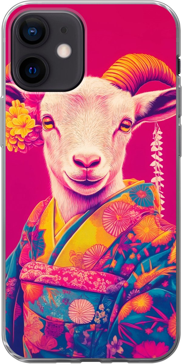 Telefoonhoesje Geschikt voor iPhone 12 hoesje - Geit - Hoorns - Kimono - Kleurrijk - Siliconen Telefoonhoesje Telefoonhoesje