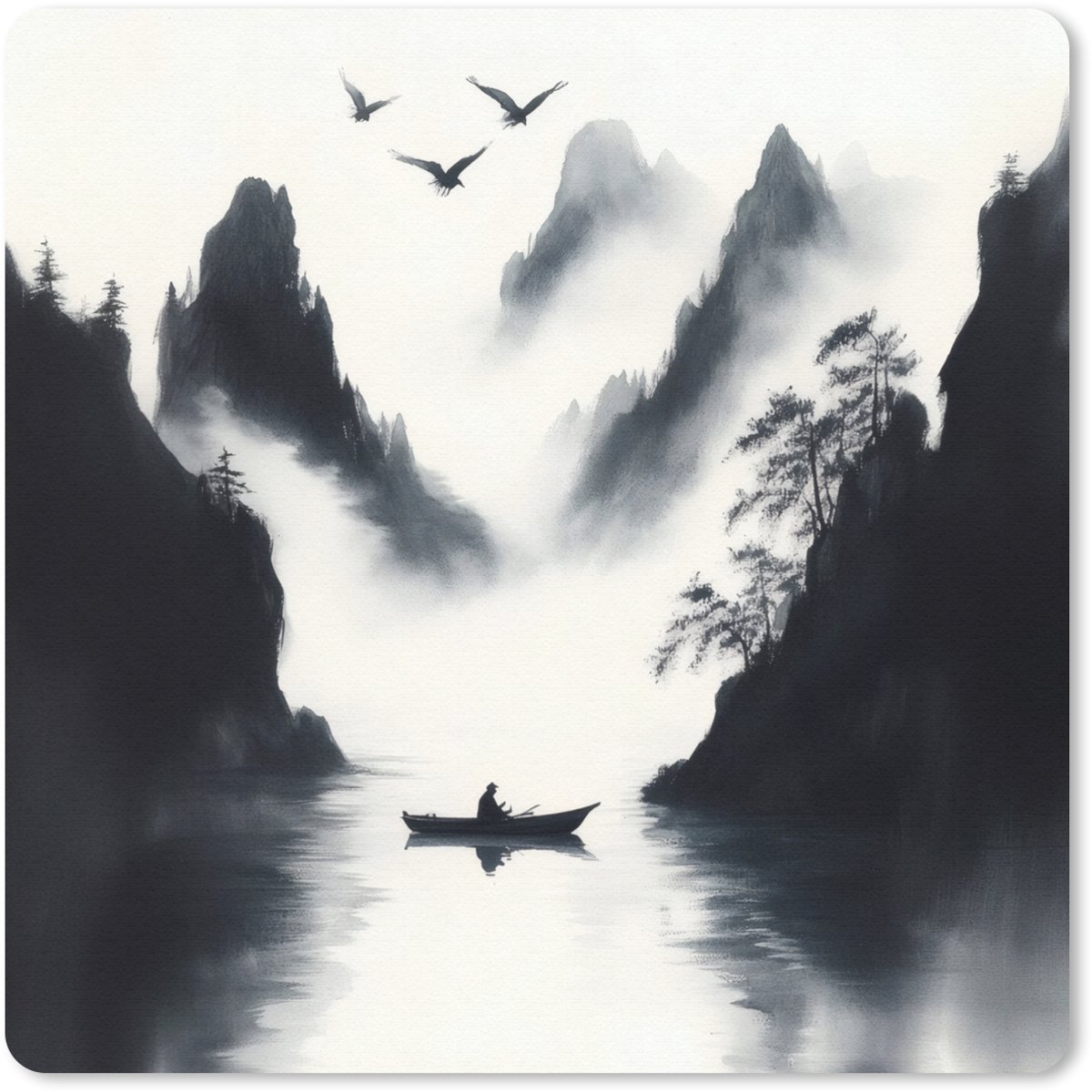Muismat 20x20 cm - Mousepad Roeiboot - Mistig - Bergen - Vogels - Muismatten