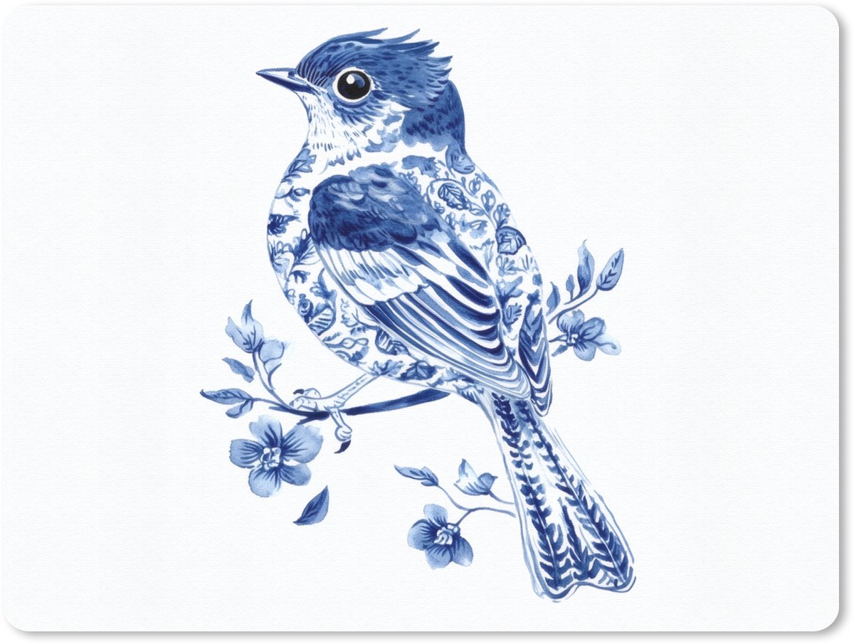 Muismat 23x19 cm - Mousepad Vogel - Delfts blauw - Illustratie - Bloemen - Muismatten
