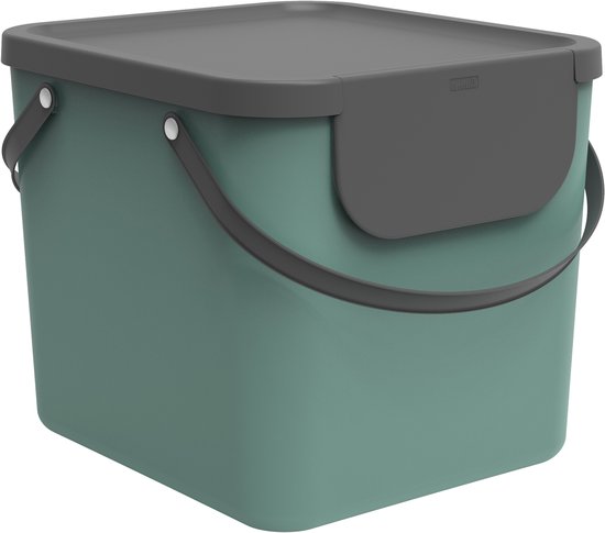 Groene afvalbak met donkergrijs deksel, op witte achtergrond.