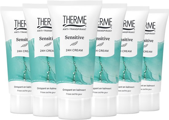 Zes witte tubes THERME Anti-Transpirant Sensitive 24H CREAM naast elkaar. De tubes hebben een lichtgroen design met de tekst 'Ontspant en kalmeert, frisse zachte geur'.
